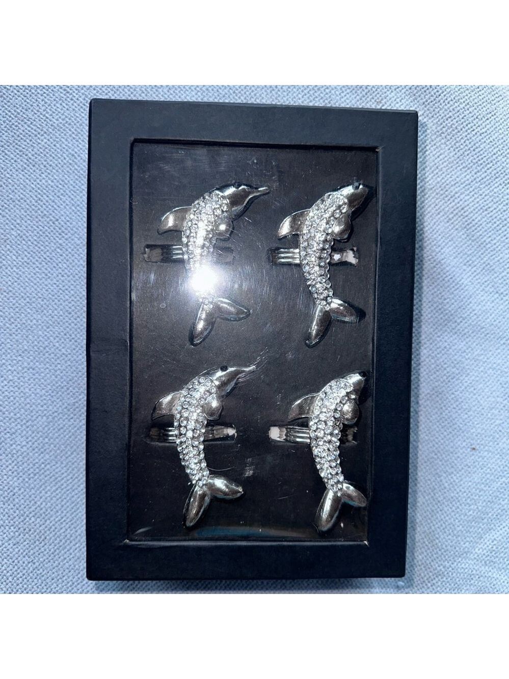 NIB Coastal Collection Dolphin Rhinestone Napkin Rings Silver Beach Decor Set
